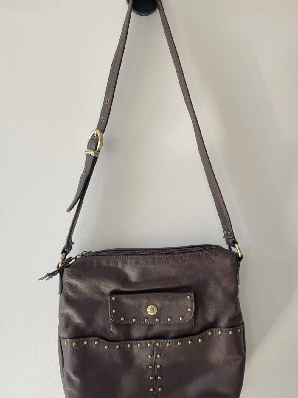 Brown Pebbled Leather Studded Shoulder Bag Western Stone Mountain Purse - Picture 9 of 14